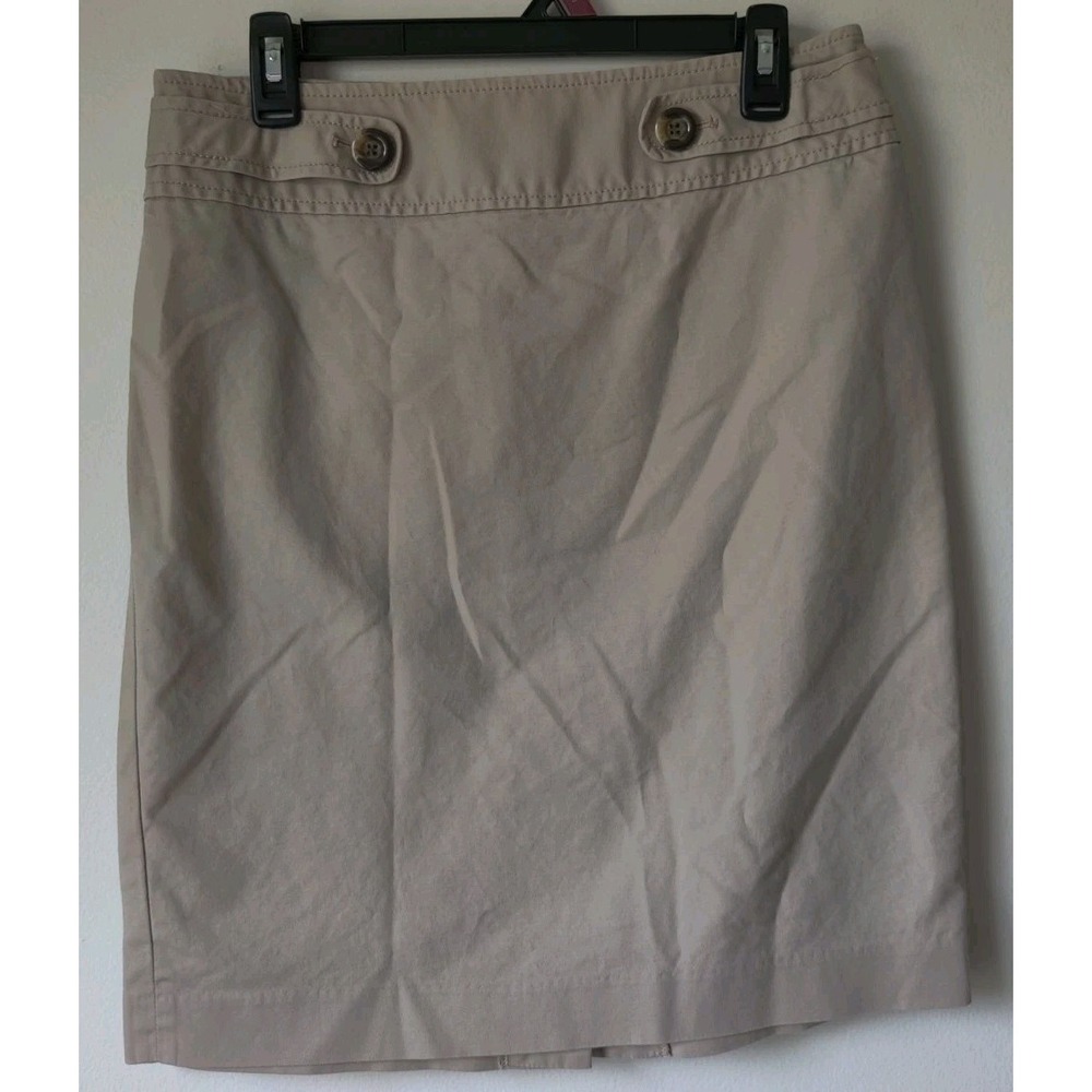 Loft Women's Khaki Pencil Skirt Above Knee Slit Back Button Detail Size 8